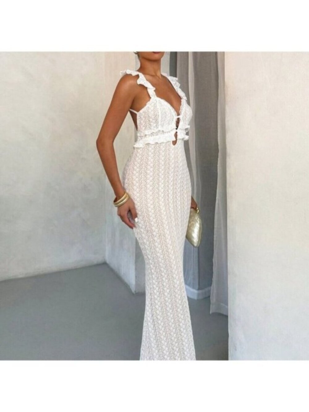 White Elegant Women's Sexy Off-Shoulder Crochet Dress - Picture 5 of 5